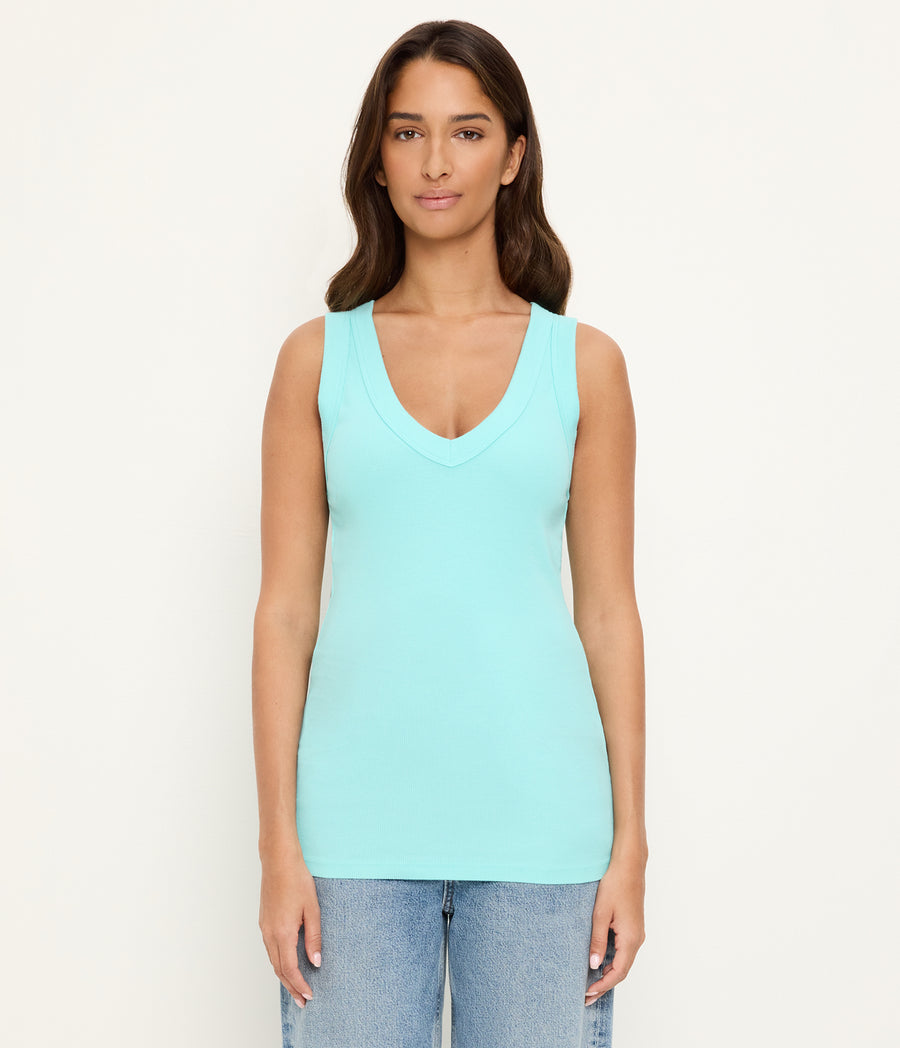 Blanche Ribbed Tank in ARUBA BLUE GREEN Full Body View #ARUBA