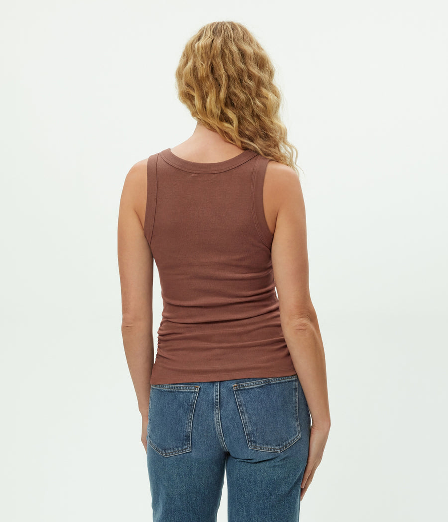Blanche Ribbed Tank in Bark Browm Back View #BARK