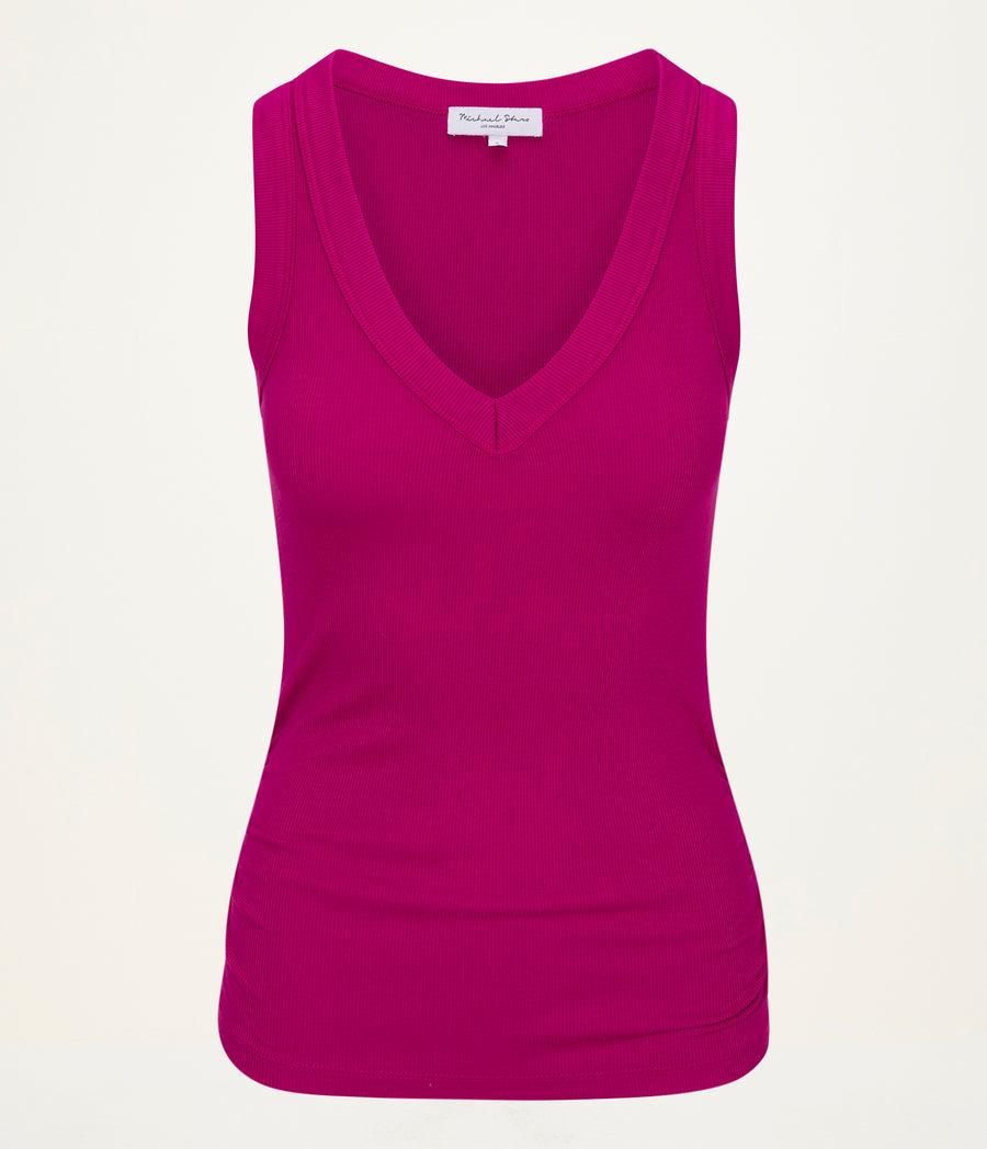 Blanche Ribbed Tank in FRENCH ROSE RED Close Up View  #FRENCH ROSE