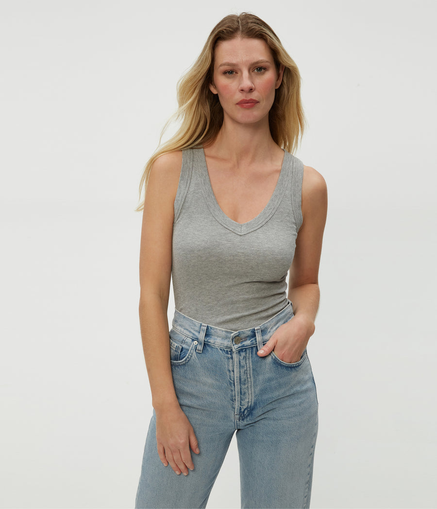 Blanche Ribbed Tank in Heather Grey Grey Close Up View #HEATHER GREY