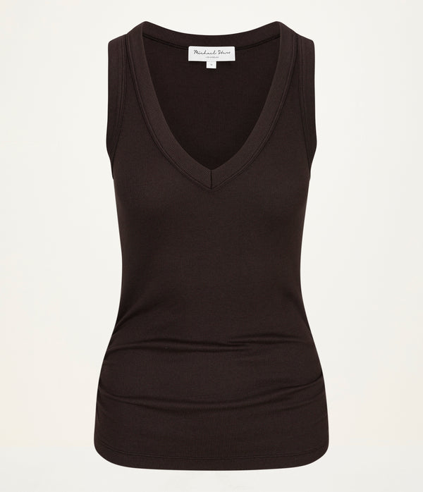 Blanche Ribbed Tank in Java Brown Close Up View #JAVA