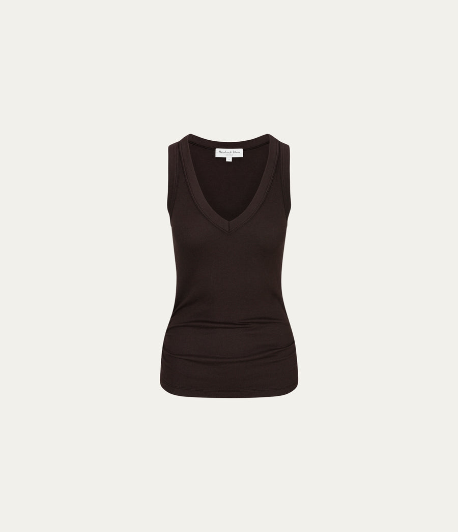 Blanche Ribbed Tank in Java Brown Close Up View #JAVA