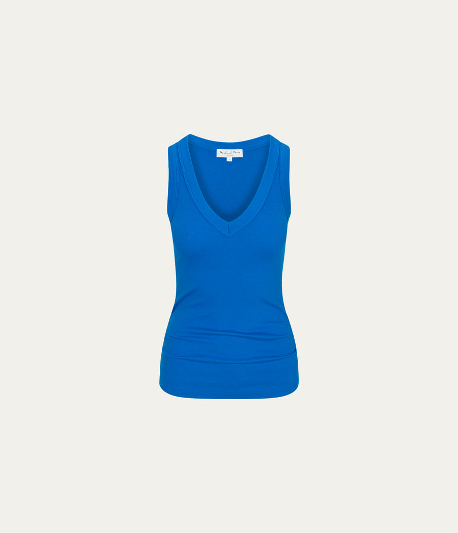 Blanche Ribbed Tank in PACIFIC BLUE Close up View #PACIFIC