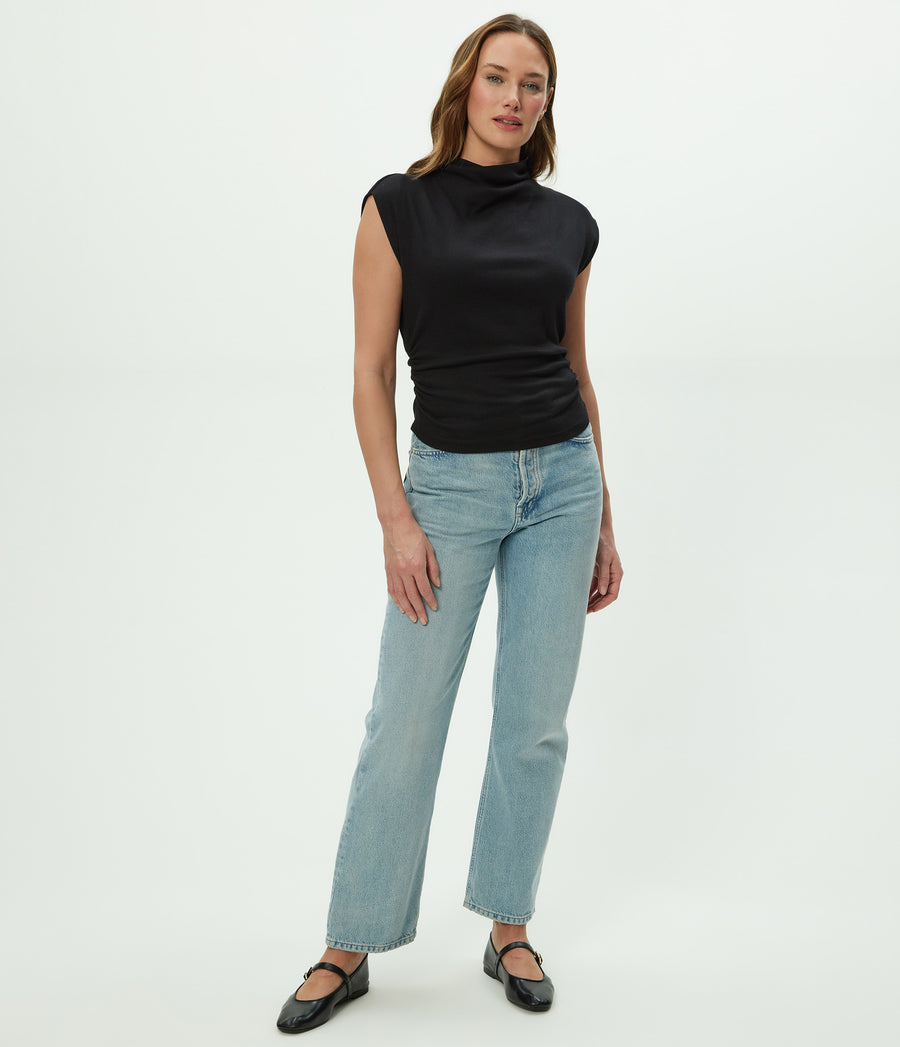 Amara Power Shoulder Tee in Black  Full Body View #BLACK