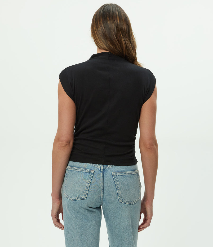 Amara Power Shoulder Tee in Black  Back View #BLACK