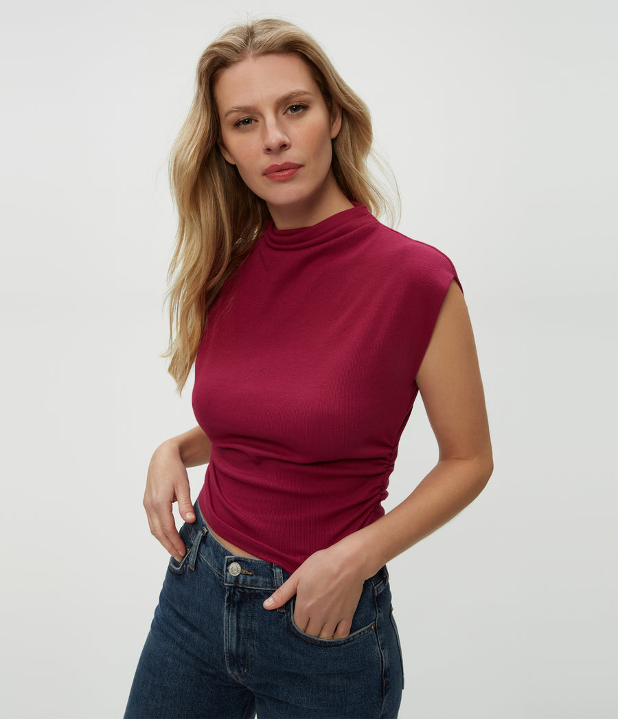 Amara Power Shoulder Tee in Cabernet Red Close Up View #CABERNET