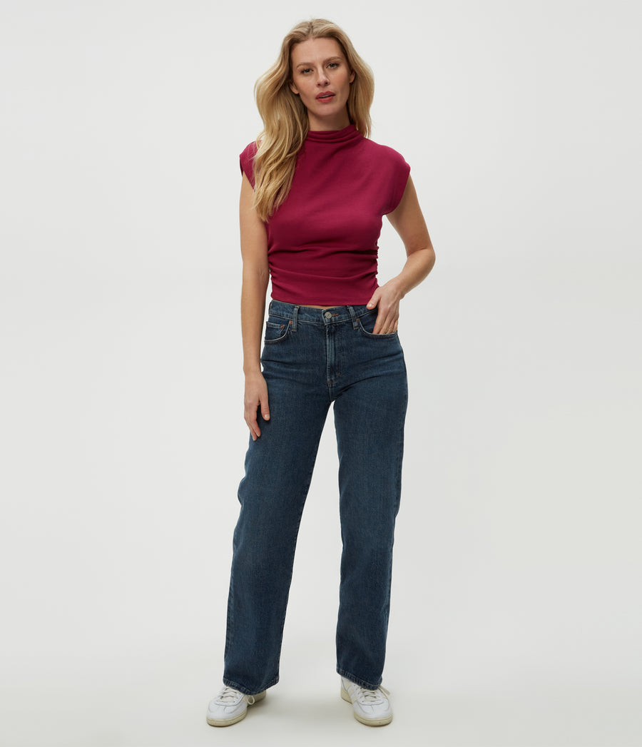 Amara Power Shoulder Tee in Cabernet Red Full Body View #CABERNET