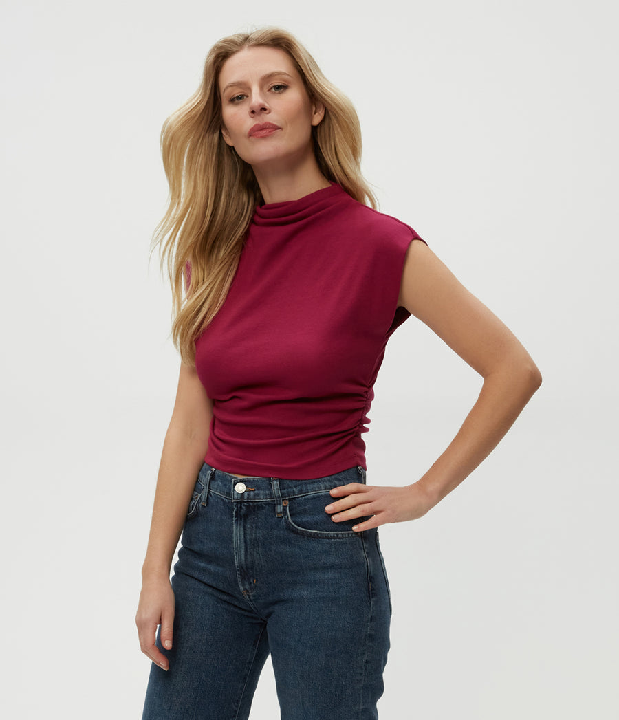 Amara Power Shoulder Tee in Cabernet Red Side View #CABERNET