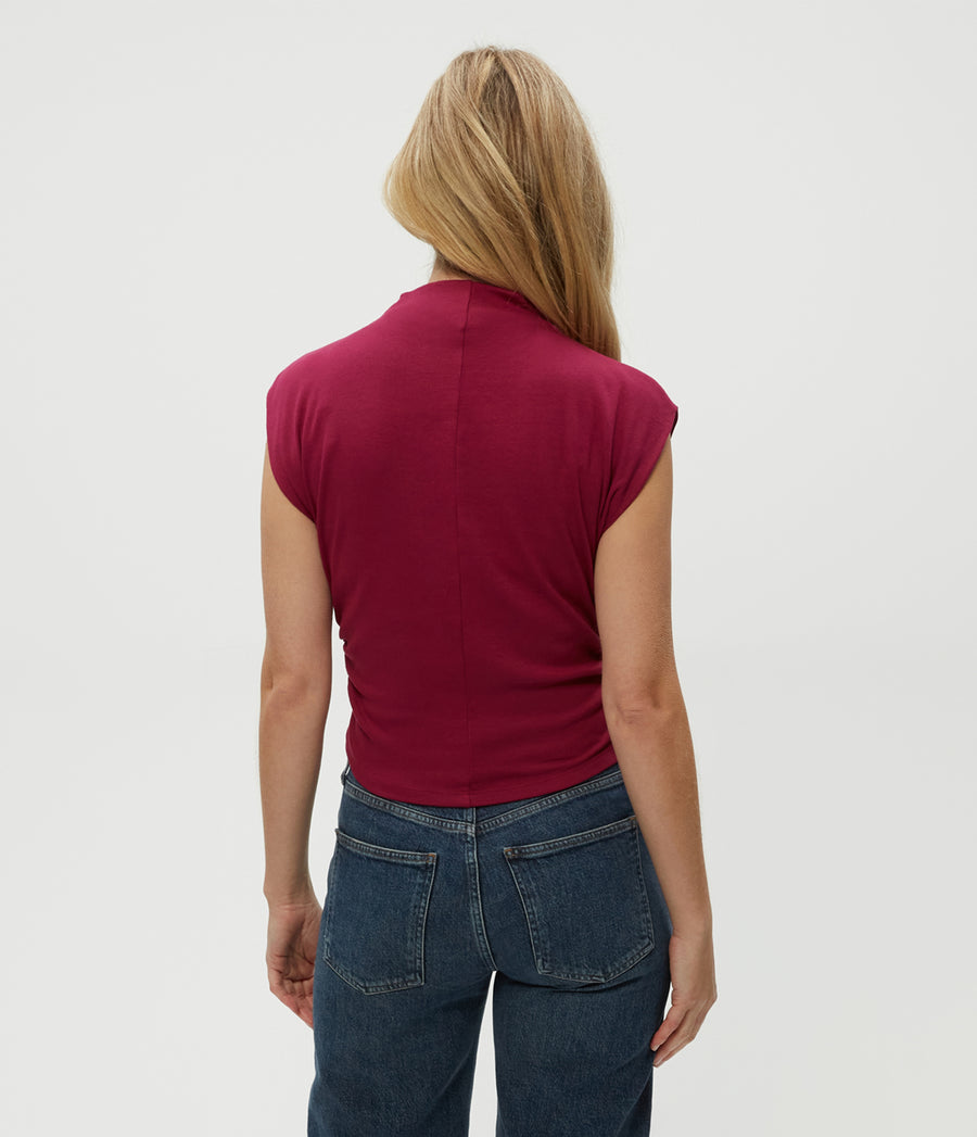 Amara Power Shoulder Tee in Cabernet Red Back View #CABERNET