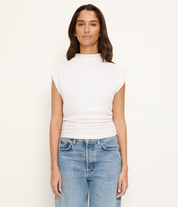 Amara Power Shoulder Tee in Chalk White Full Body View #CHALK