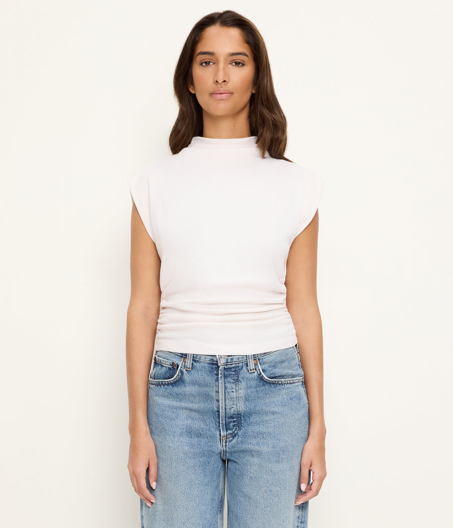 Amara Power Shoulder Tee in Chalk White Full Body View #CHALK