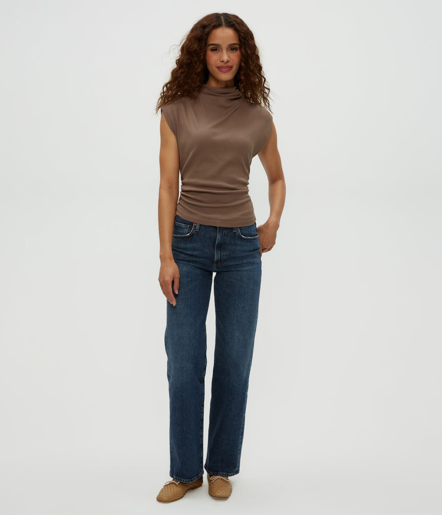 Amara Power Shoulder Tee in Cobblestone Brown Full Body View #COBBLESTONE