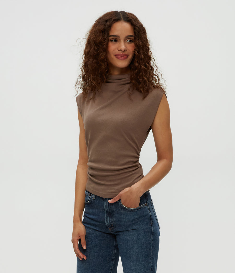Amara Power Shoulder Tee in Cobblestone Brown Side View #COBBLESTONE