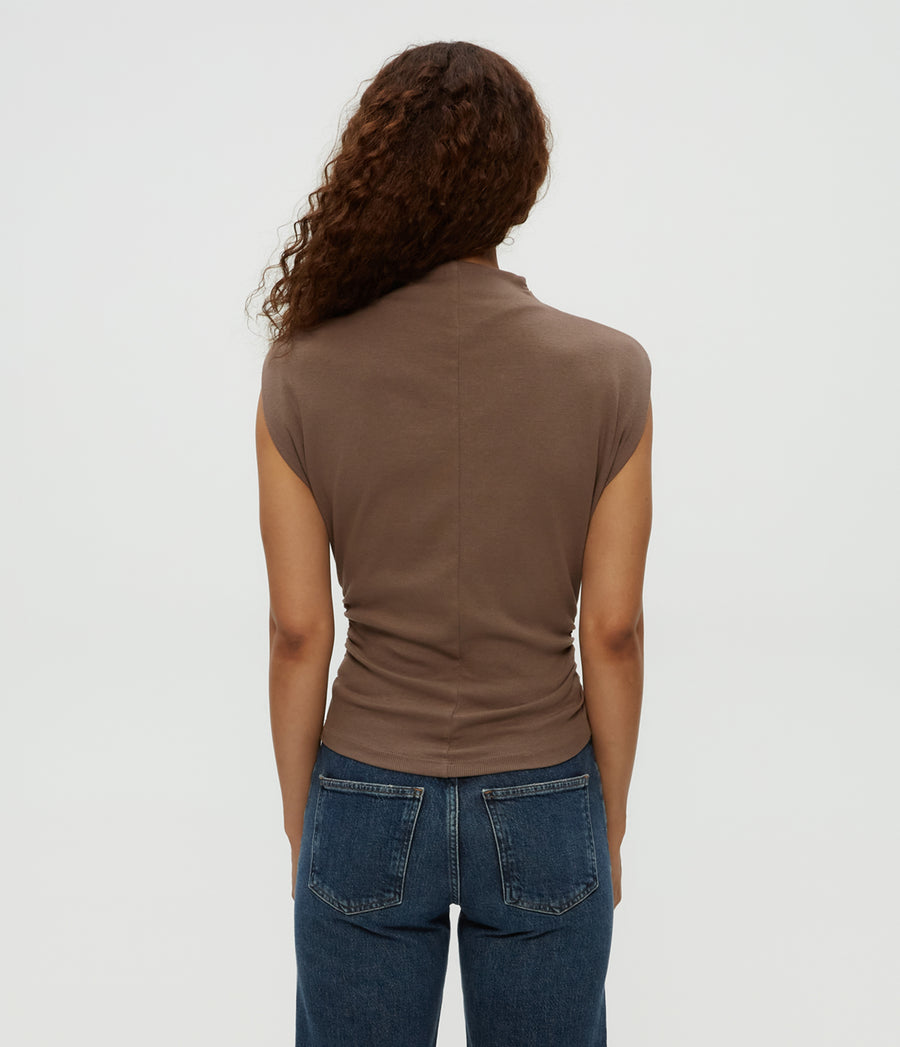 Amara Power Shoulder Tee in Cobblestone Brown Back View #COBBLESTONE