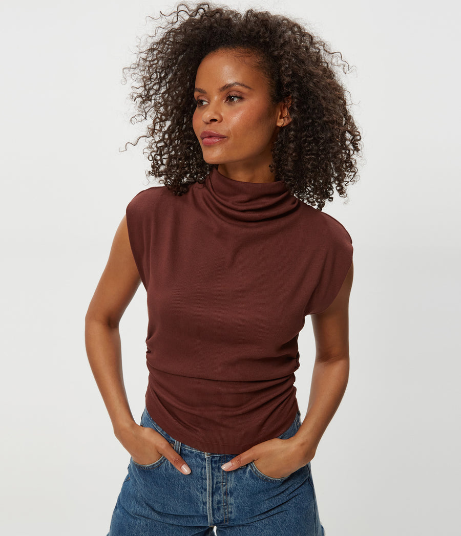 Amara Power Shoulder Tee in ESPRESSO Brown Side View #ESPRESSO