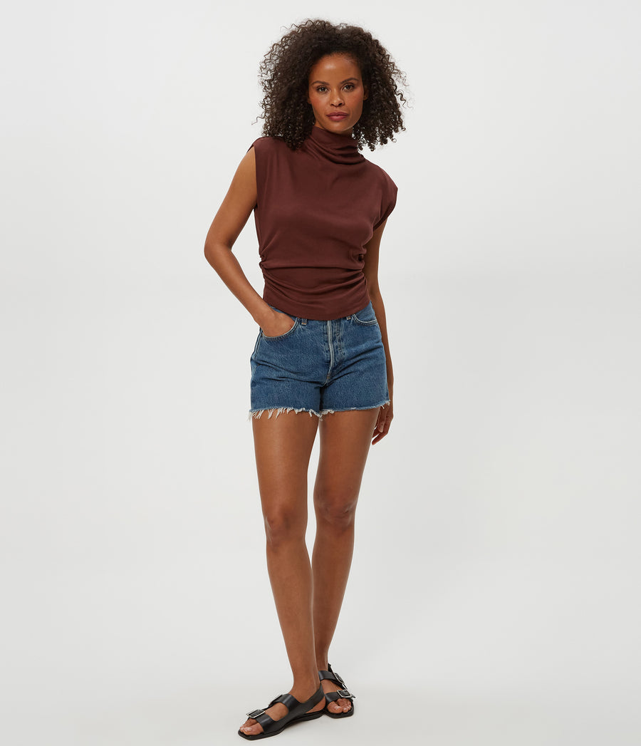 Amara Power Shoulder Tee in ESPRESSO Brown Full Body View #ESPRESSO