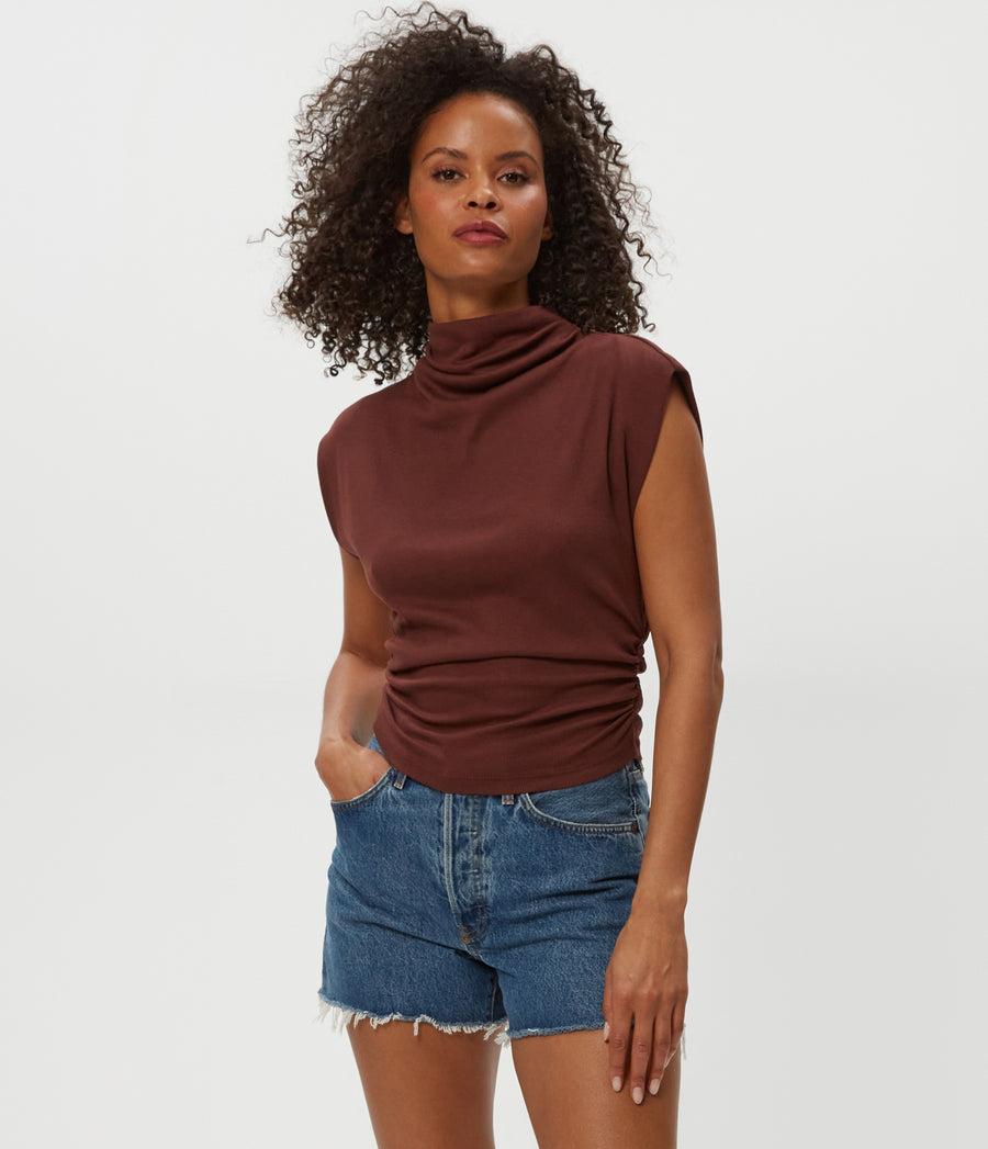 Amara Power Shoulder Tee in ESPRESSO Brown Close Up View #ESPRESSO