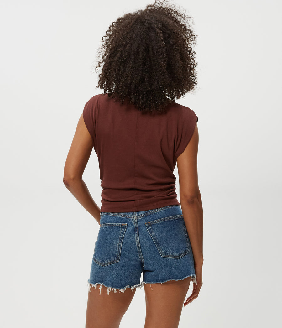 Amara Power Shoulder Tee in ESPRESSO Brown Back View #ESPRESSO