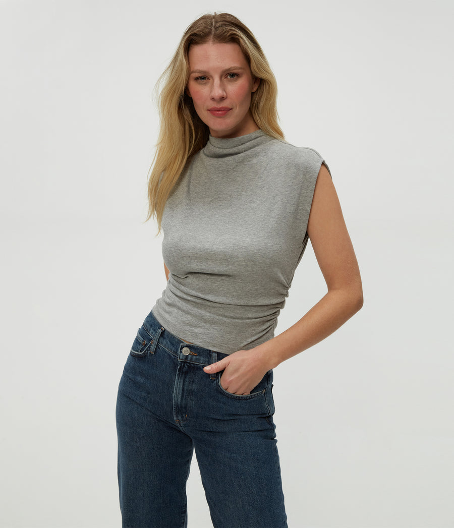 Amara Power Shoulder Tee in Heather Grey Grey Close Up View #HEATHER GREY
