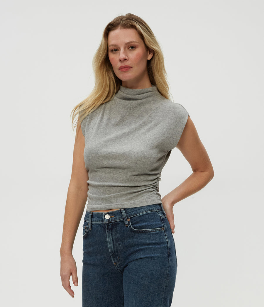 Amara Power Shoulder Tee in Heather Grey Grey Side View #HEATHER GREY