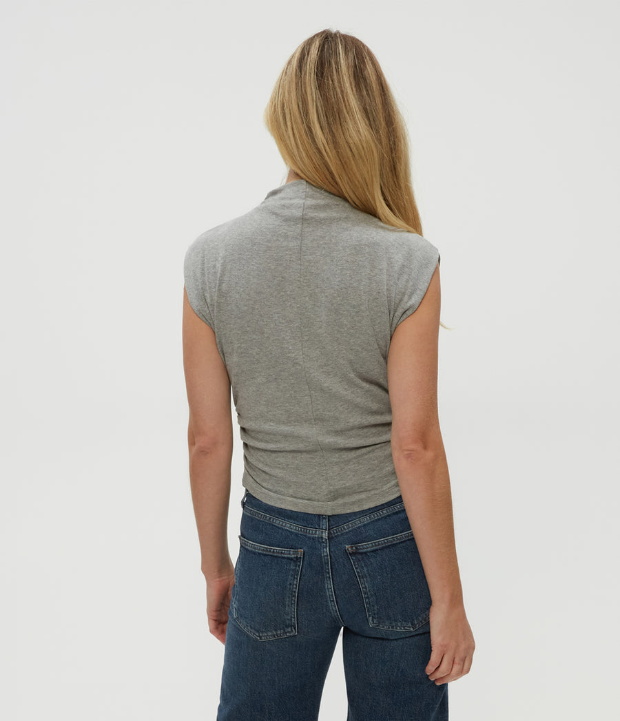 Amara Power Shoulder Tee in Heather Grey Grey Back View #HEATHER GREY