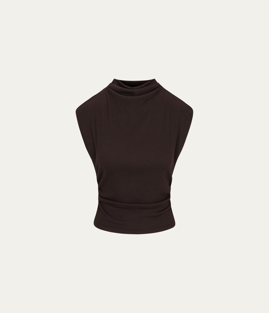 Amara Power Shoulder Tee  in Java Brown Close Up View #JAVA