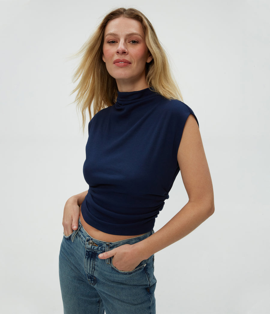 Amara Power Shoulder Tee in Nocturnal Blue Close Up View #NOCTURNAL
