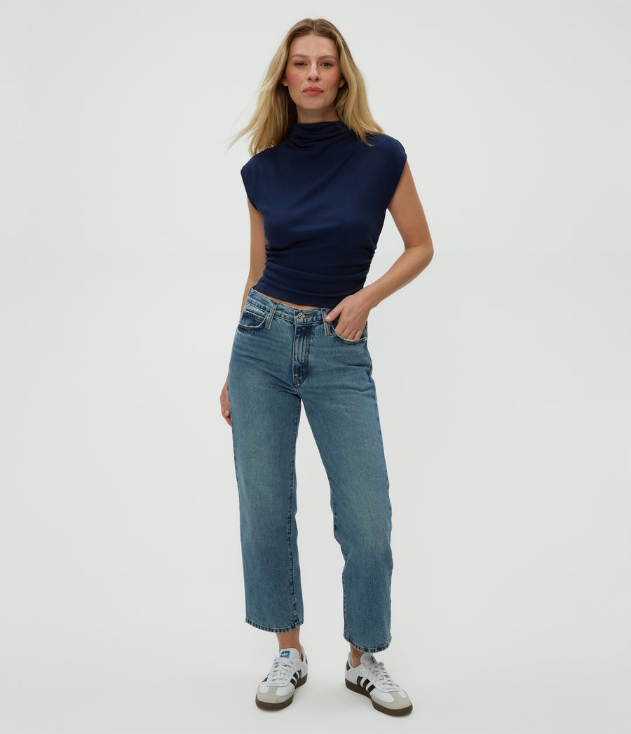 Amara Power Shoulder Tee in Nocturnal Blue Full Body View #NOCTURNAL