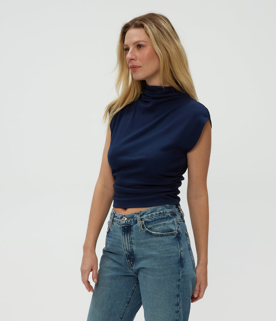 Amara Power Shoulder Tee in Nocturnal Blue Side View #NOCTURNAL