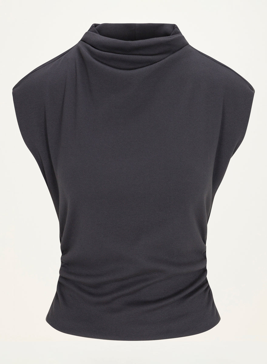 Amara Power Shoulder Tee in Oxide Grey  Close up View #OXIDE