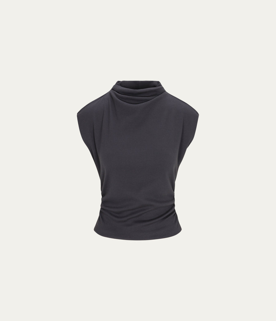 Amara Power Shoulder Tee in Oxide Grey  Close up View #OXIDE