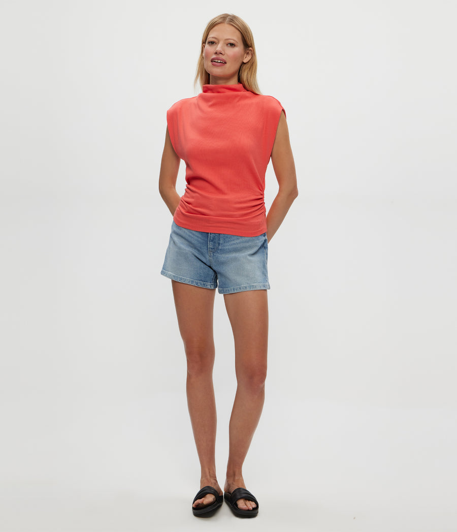 Amara Power Shoulder Tee in PERSIMMON ORANGE Full Body View #PERSIMMON