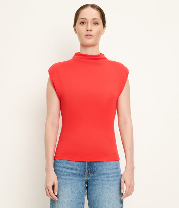 Amara Power Shoulder Tee in SAMBA RED Close up View #SAMBA