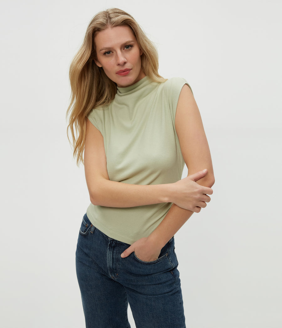 Amara Power Shoulder Tee in Seacrest Green Close Up View #SEACREST