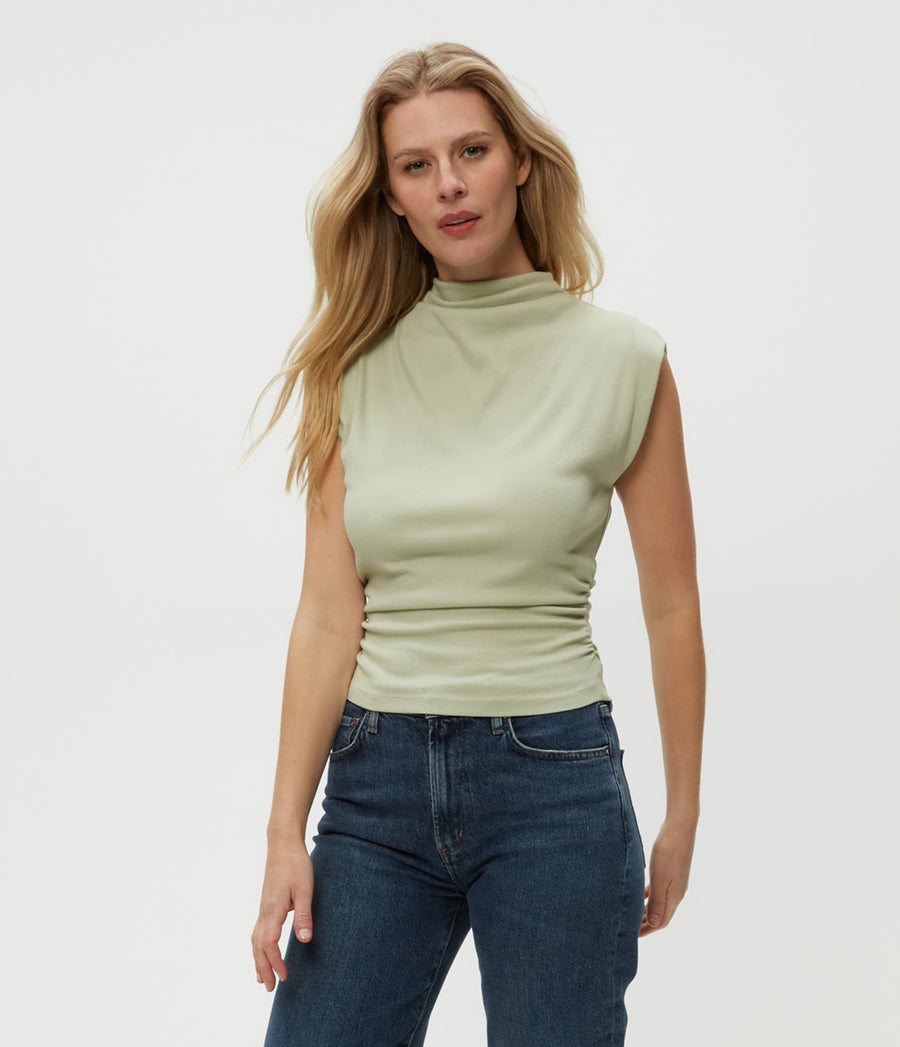 Amara Power Shoulder Tee in Seacrest Green Close Up View #SEACREST