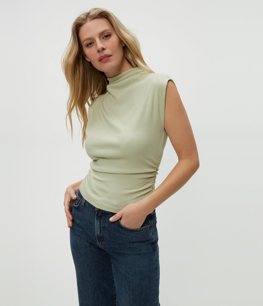 Amara Power Shoulder Tee in Seacrest Green Side View #SEACREST