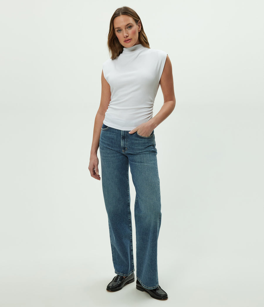 Amara Power Shoulder Tee in White  Full Body View #WHITE