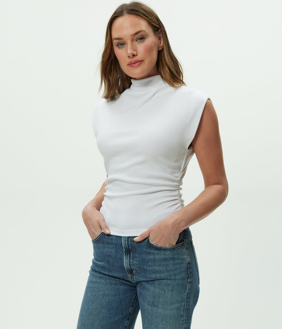 Amara Power Shoulder Tee in White  Full Body View #WHITE