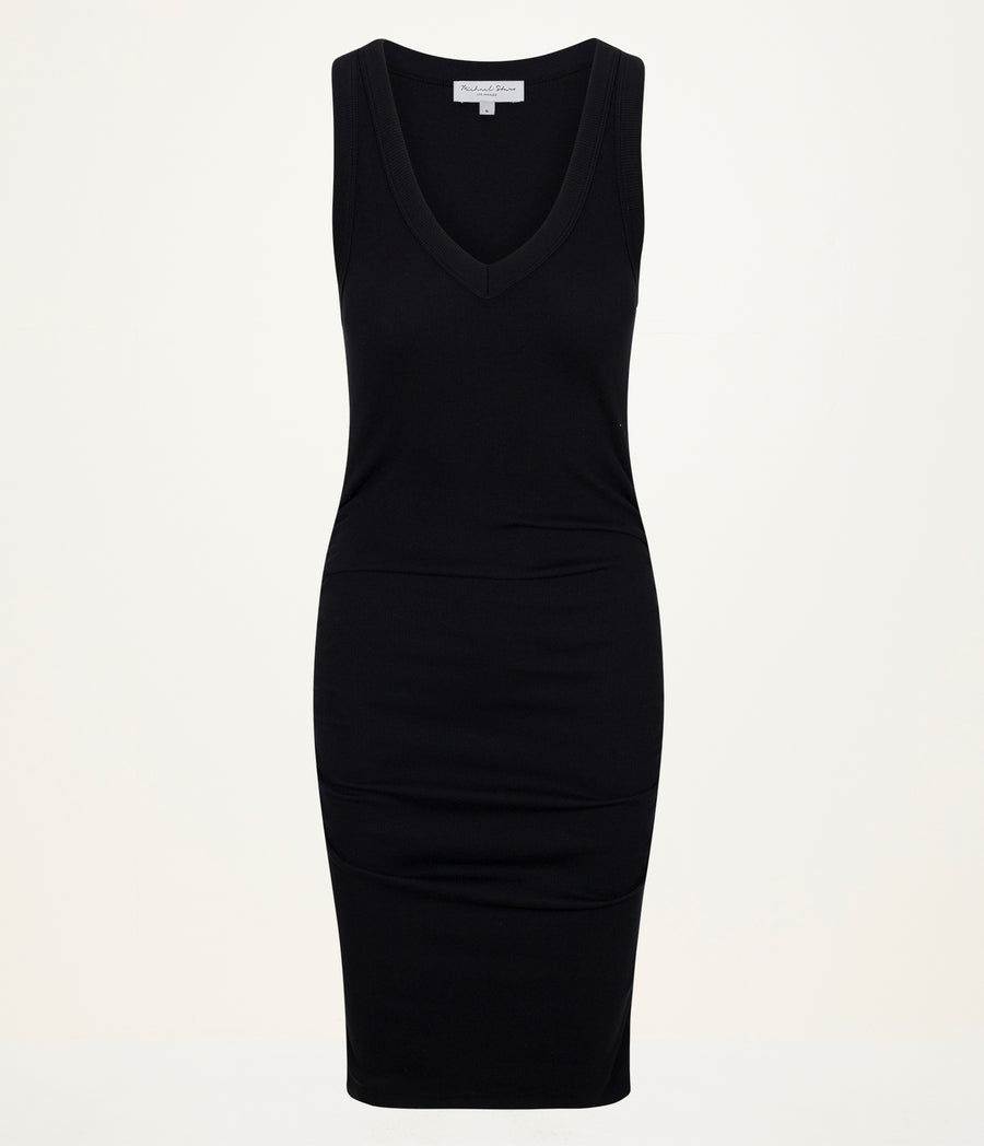 Esme Ribbed Dress in Black Close up View #BLACK