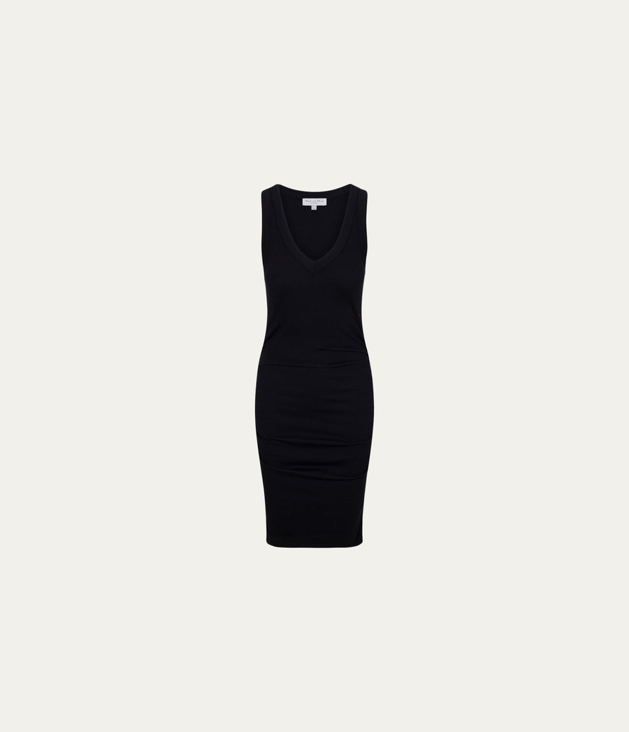 Esme Ribbed Dress in Black Close up View #BLACK