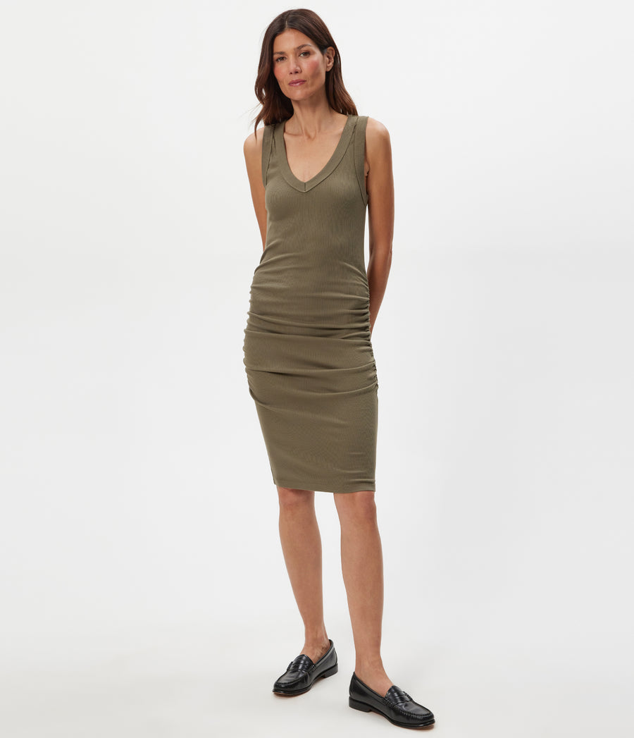 Esme Ribbed Dress in CAPER Green Full Body View #CAPER