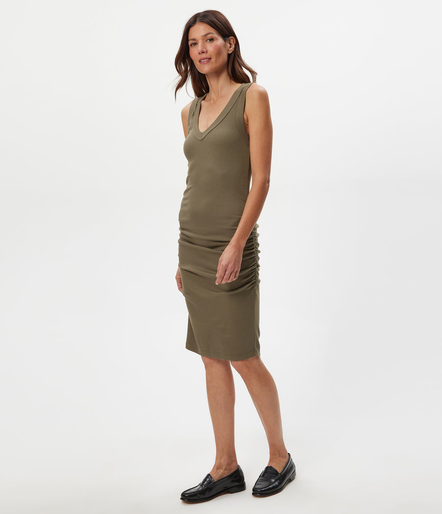 Esme Ribbed Dress in CAPER  Green Side View #CAPER