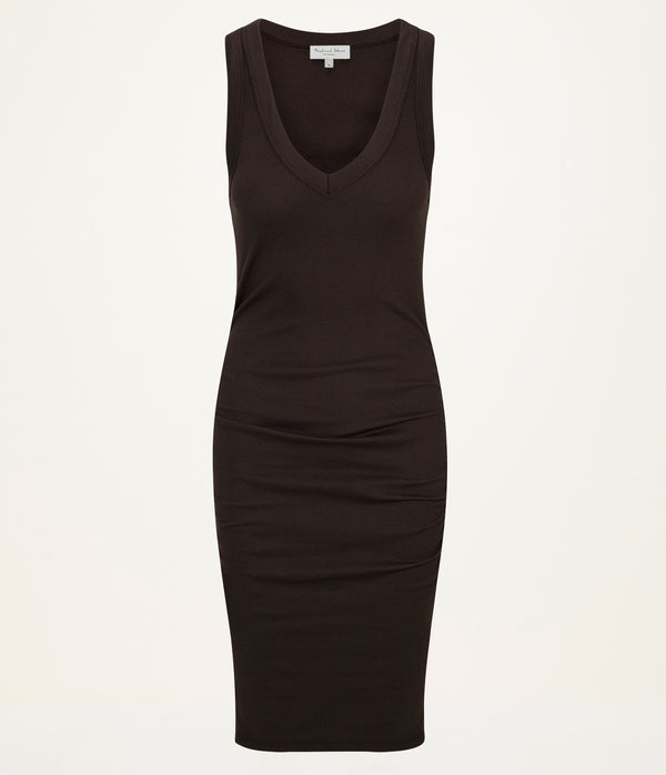 Esme Ribbed Dress in Java Brown Close Up View #JAVA
