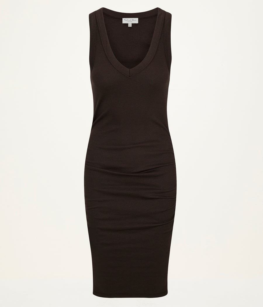 Esme Ribbed Dress in Java Brown Close Up View #JAVA