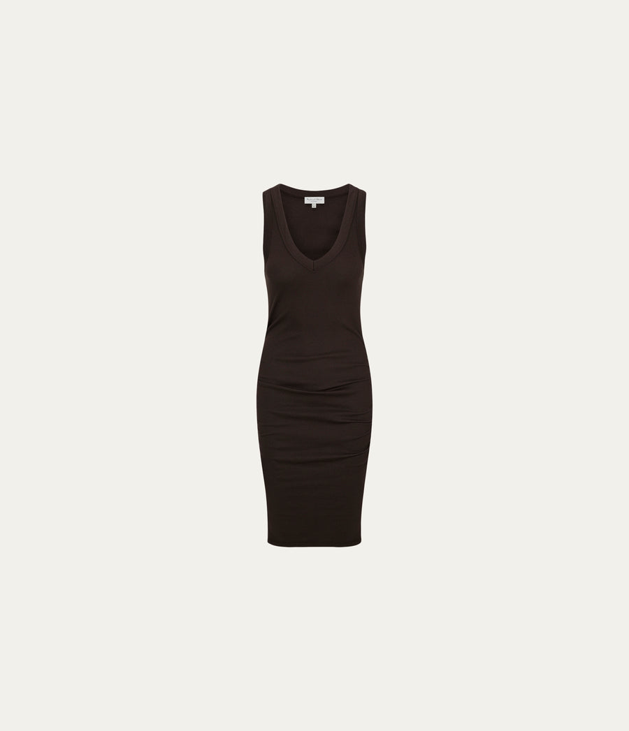 Esme Ribbed Dress in Java Brown Close Up View #JAVA