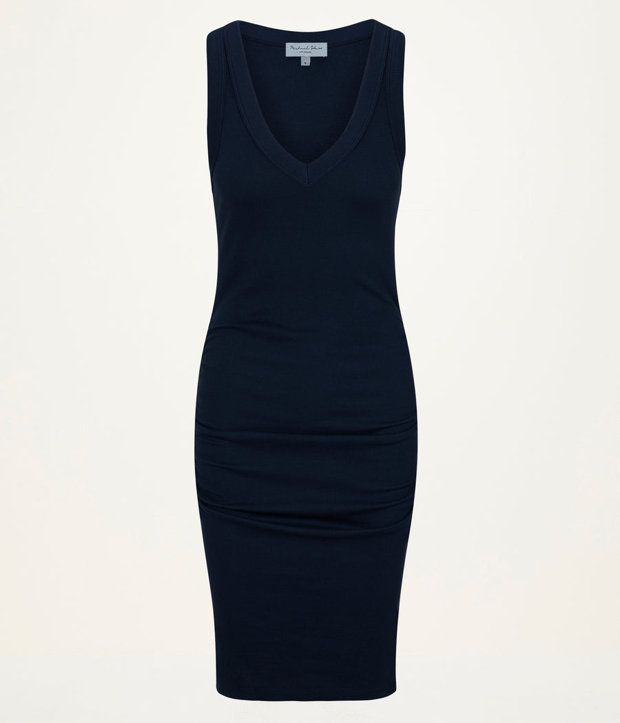 Esme Ribbed Dress in Nocturnal Blue Close up View  #NOCTURNAL