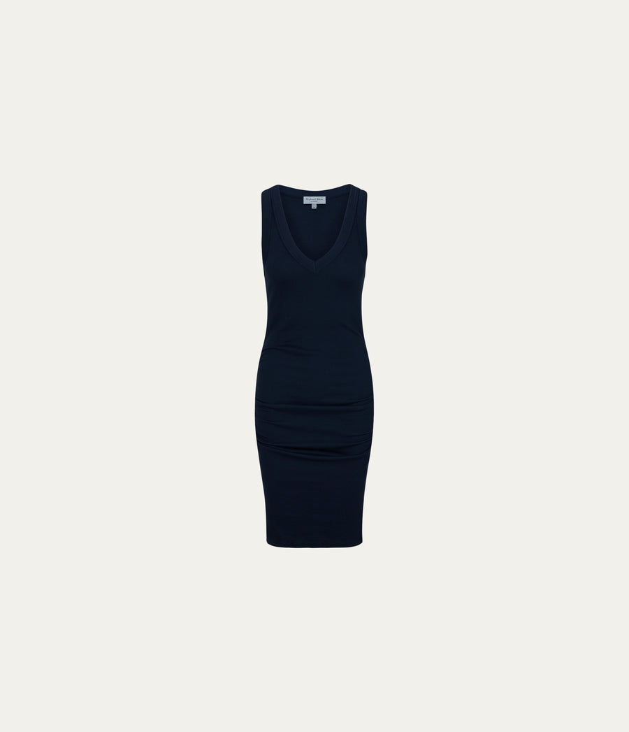 Esme Ribbed Dress in Nocturnal Blue Close up View  #NOCTURNAL