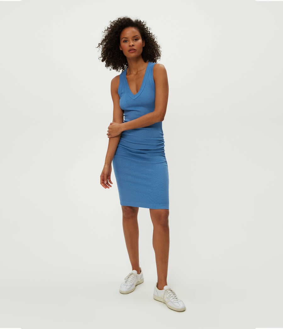 Esme Ribbed Dress in Ocean Blue Close Up View #OCEAN
