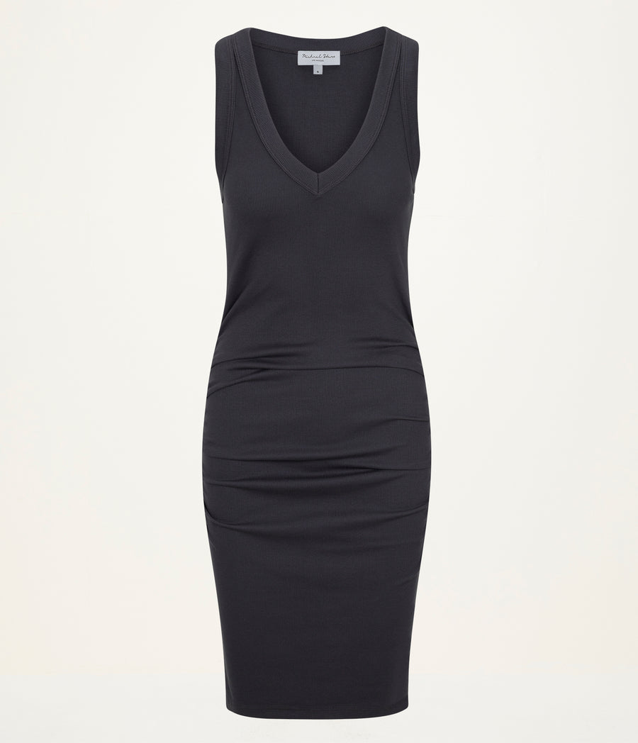 Esme Ribbed Dress in Oxide Grey  Close up View #OXIDE