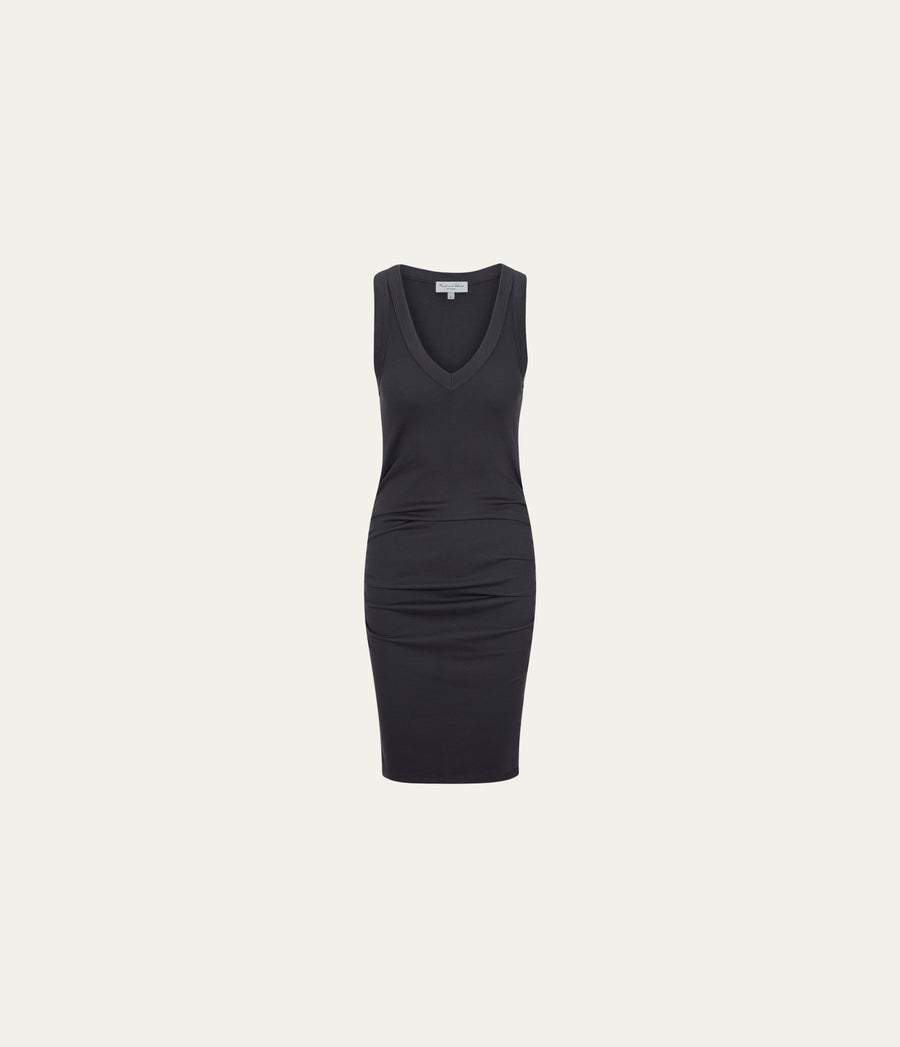 Esme Ribbed Dress in Oxide Grey  Close up View #OXIDE